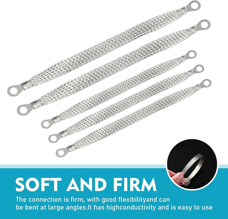 MLY 5 PCS Ground Strap Kit, 3 PCS 10" + 2 PCS 13" Grounding Strap with Terminal Plugs, Durability Flat Tinned Copper Ground Strap Wire Automotive, Universal for Cars, Trucks, SUVs (Silver) - Image 3